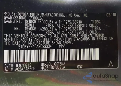 2010 Toyota Sequoia Sr5 5.7L V8 z USA, uszkodzony, nr VIN 5TDBY5G10AS033334
